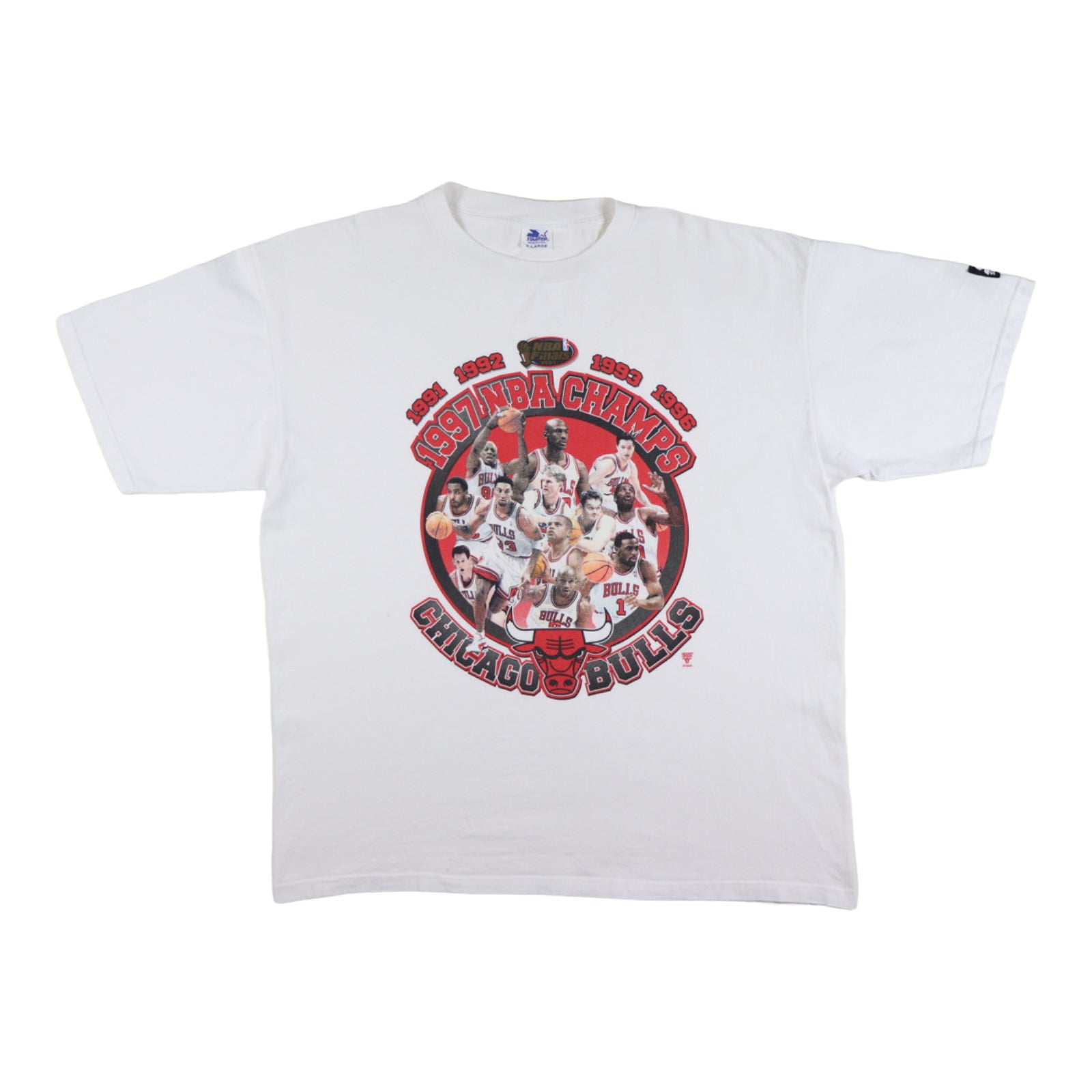 Vintage Starter Chicago Bulls 1996 Greatest Team Ever NBA Champ. White  T-Shirt L
