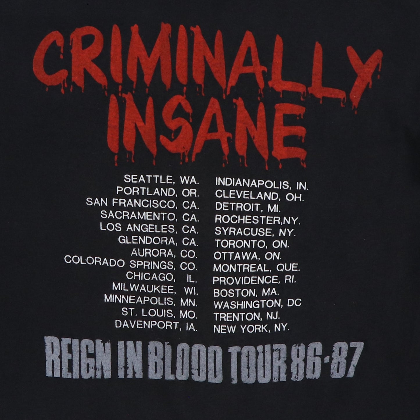 1986 Slayer Reign In Blood Tour Shirt