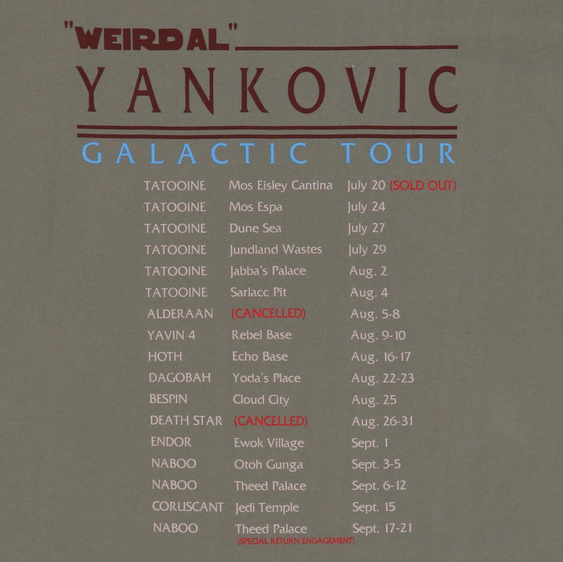 トップス希少 L YANKOVIC GALACTIC TOUR 2001 Tシャツ