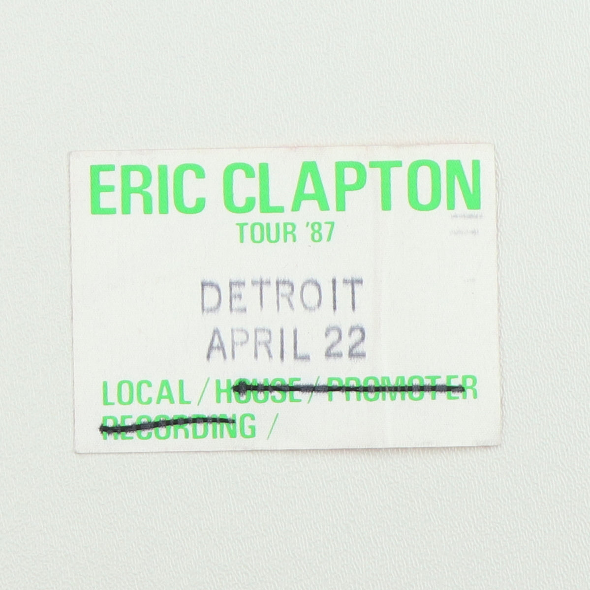 1987 Eric Clapton Local Backstage Pass