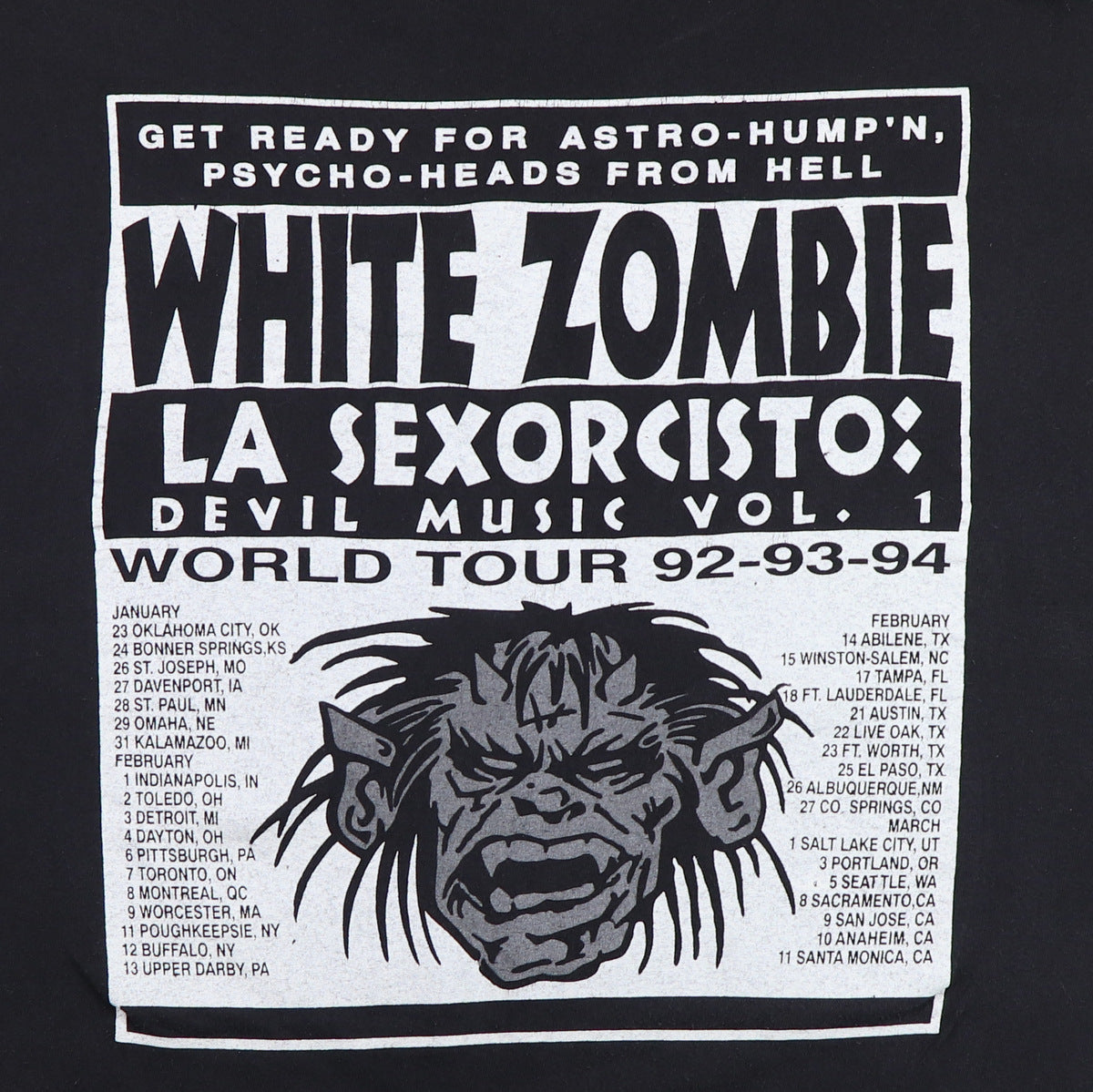 1992 White Zombie LA Sexorcisto World Tour Shirt