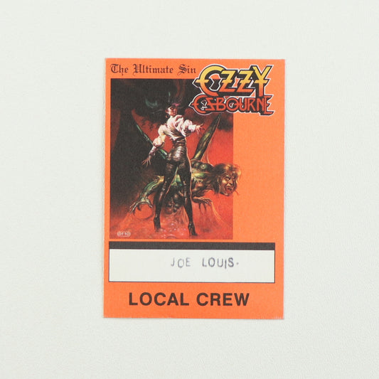 1986 Ozzy Osbourne The Ultimate Sin Tour Local Crew Backstage Pass